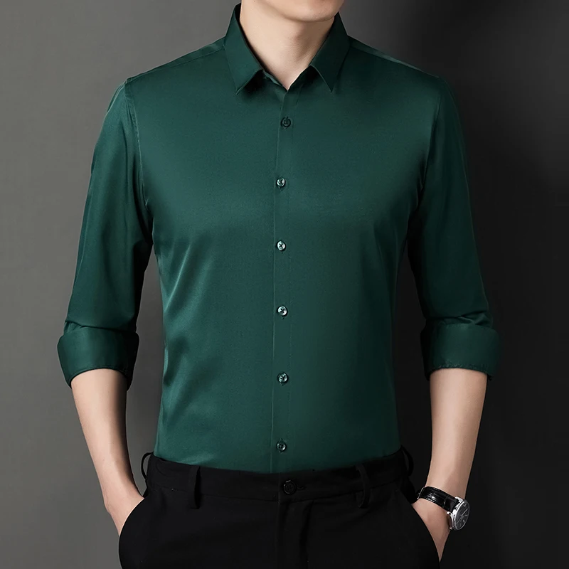 

Blackish Green Mens Classic Shirts Wedding Dress Gentleman Smooth Shirts Mens Emerald Green Blouse Work Clothes For Men Fashion