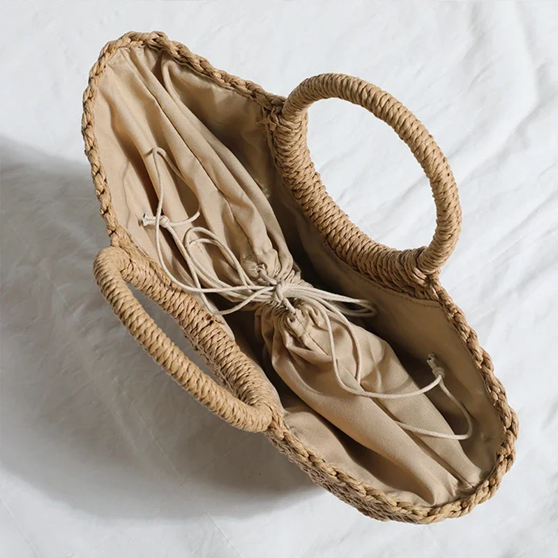 Sommerliche Halbmond-Strohhandtasche für Damen, handgefertigt, tragbar, großes Fassungsvermögen, Strandkorb, gewebte Henkeltasche, Tragetasche_voghion.com