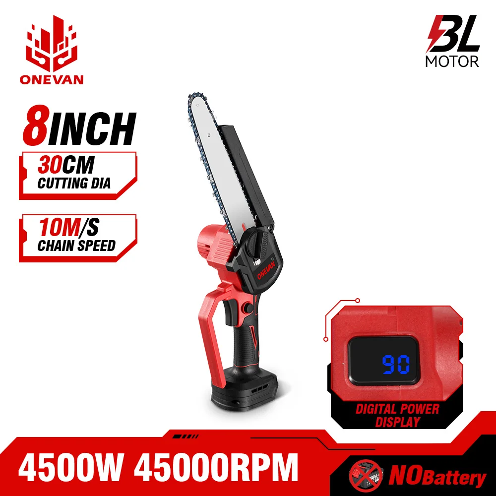 Electric Chainsaw Electric Saw ONEVAN 4500W 8 Inch Brushless Electric Saw Chainsaw With Oil Spray Rechargeable 45000RPM Woodworking Tool for 21V 18V Battery