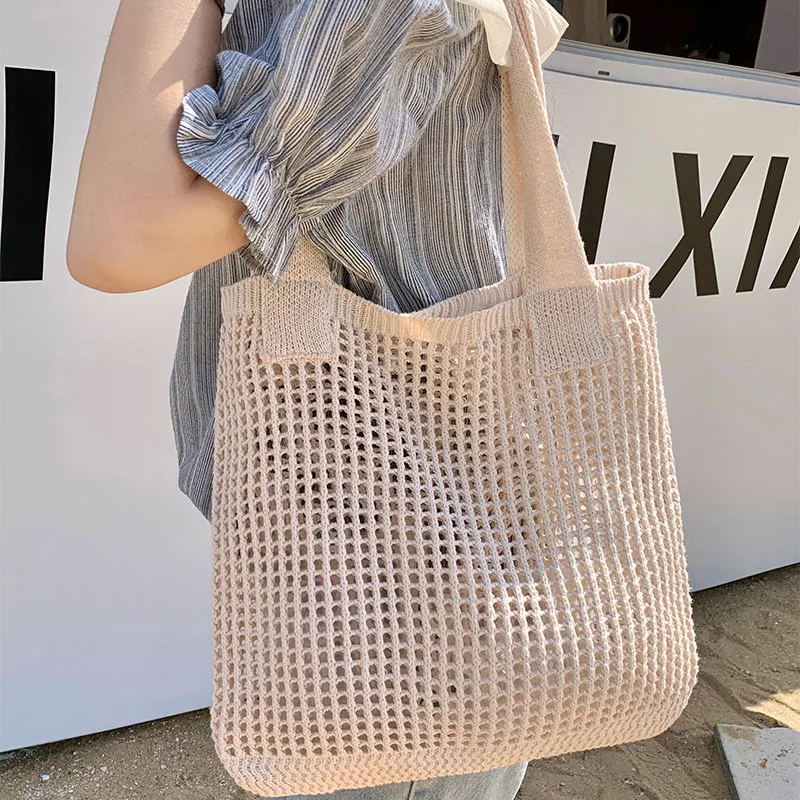 2023 New Knitted Shoulder Bag Large Capacity Summer Mesh Hollow Solid Color Small Fresh Travel Casual Shopping Trend All-match