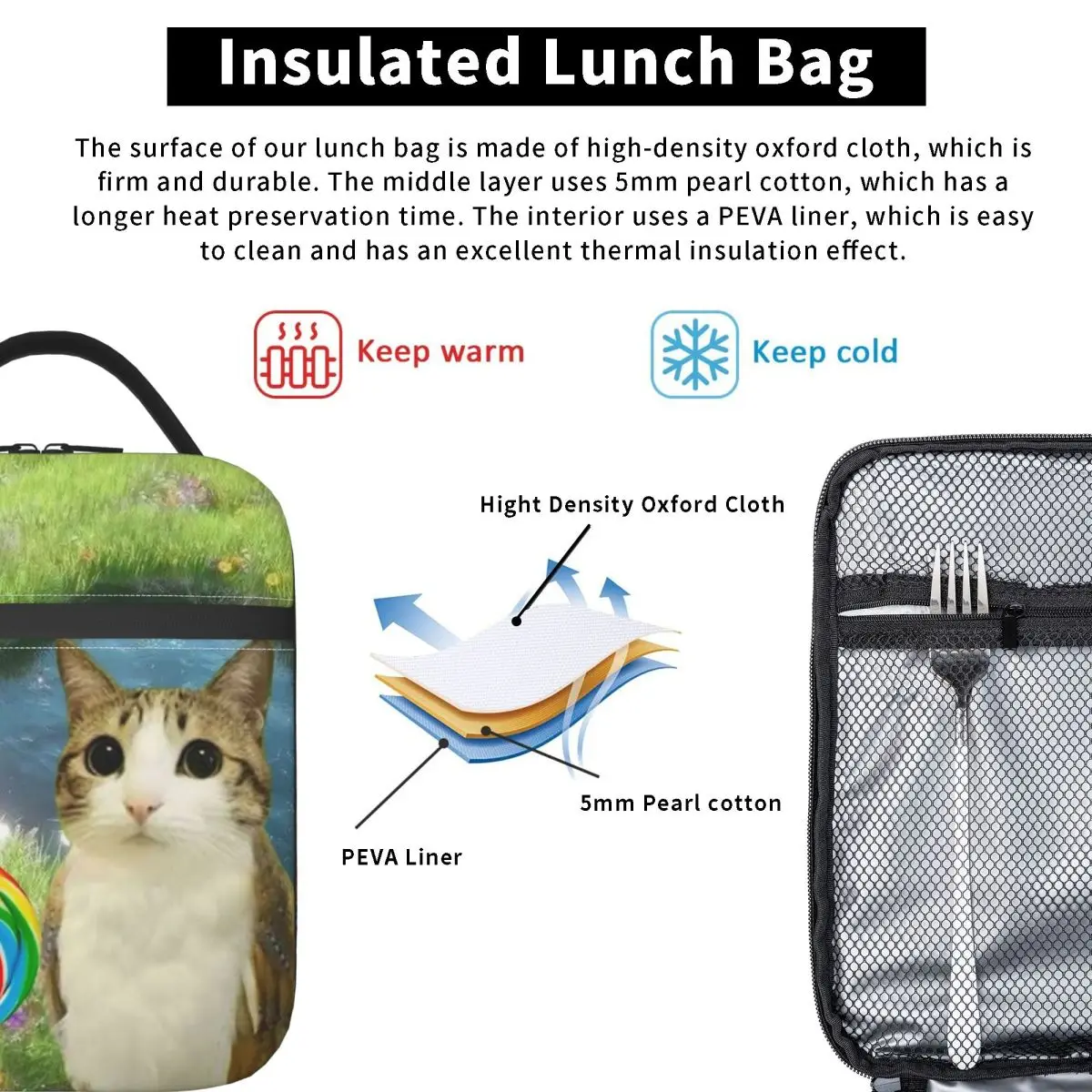 Dreamy Meowl CatOwl 귀여운 절연 점심 가방 식품 용기 가방 여행용 휴대용 열 냉각기 도시락 상자