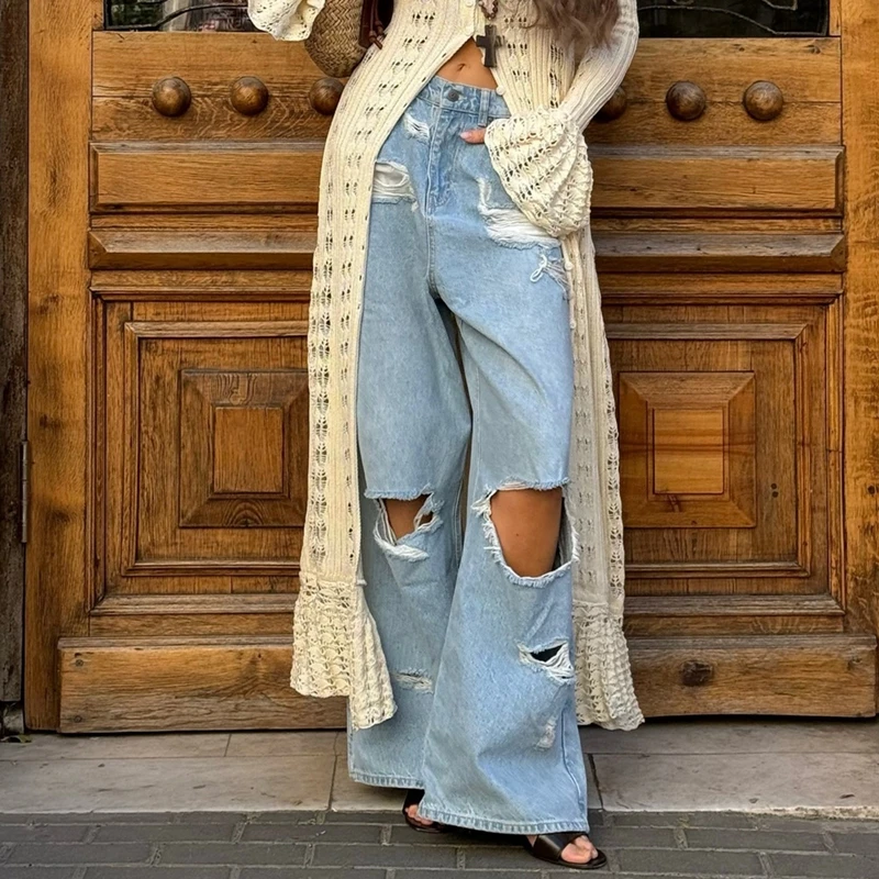 Y2k High Rise Ripped Jeans Boyfriend Distressed Baggy Hole Flare Pants American Retro Loose Fit Bell Bottom Denim Pants Women