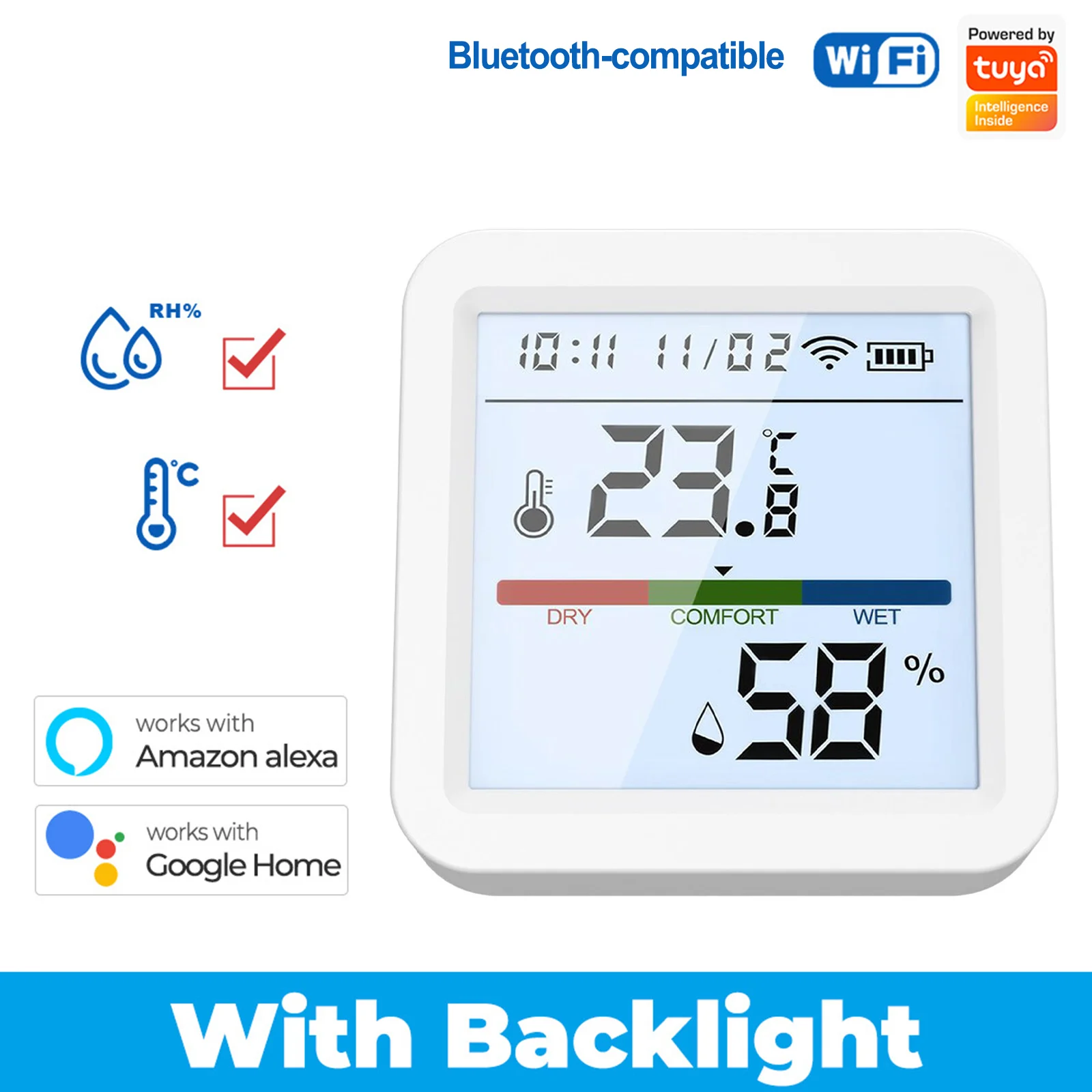

Smart Temperature Humidity Meter 2.4GHz IEEE 802.11 B/g/n ABS Backlight Support Indoor Real-time Sensor Tuya WiFi