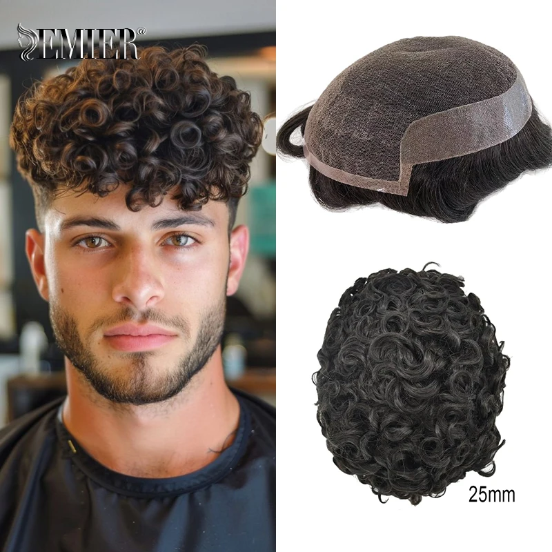 Lace Pu Toupee Hair Men 25mm Curly Wig Human Hair OCT French Lace