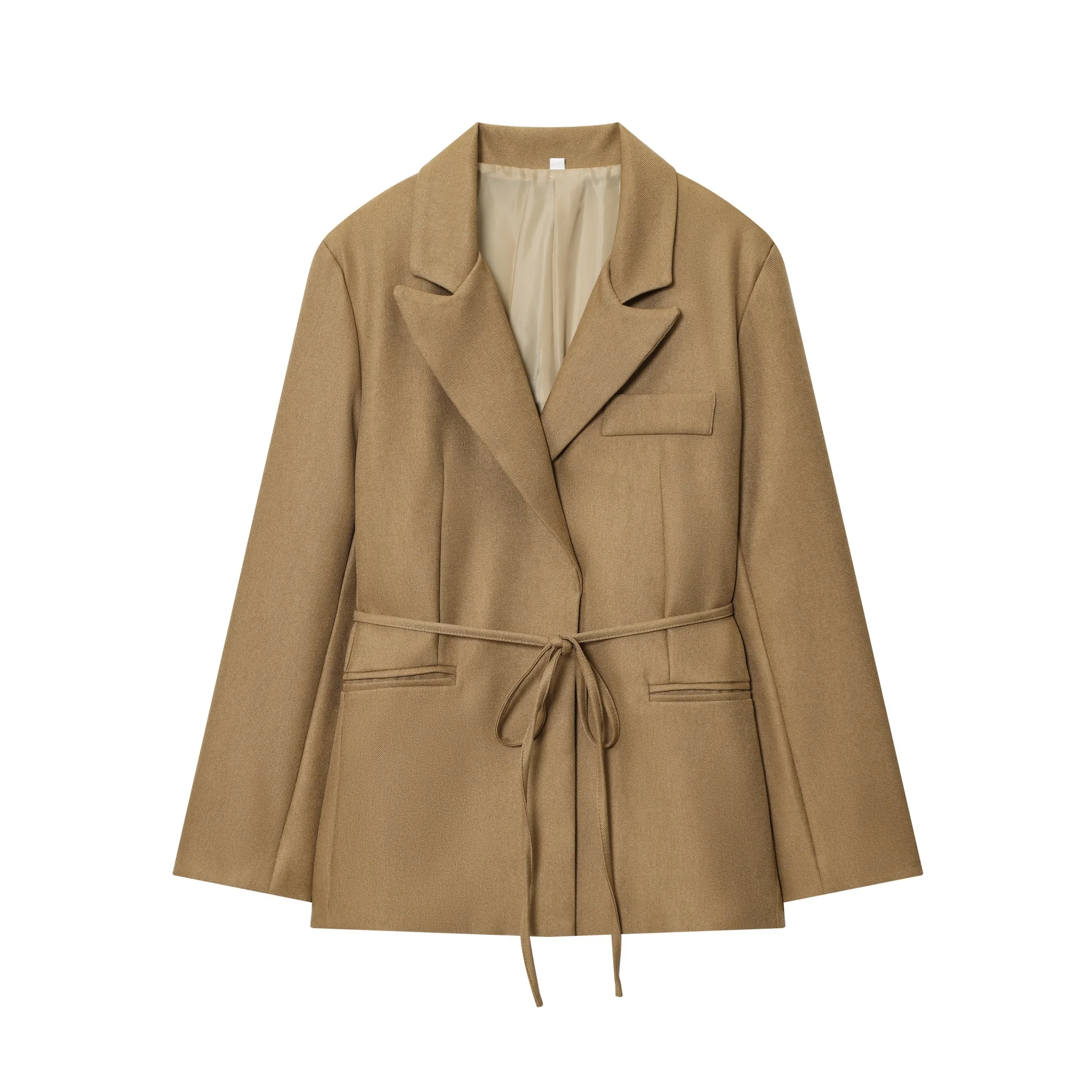 Women Jackets Blazers Autumn And Winter New Fashionable Elegant With A Thin Rope Belt Suit Collar Long-Sleeved Coat With No Hood