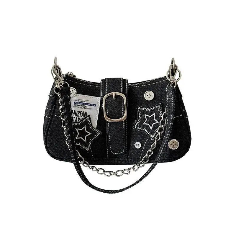 Women's Bag2025New Star Denim Shoulder Underarm Bag Retro Button Handheld Chain Crossbody Bag