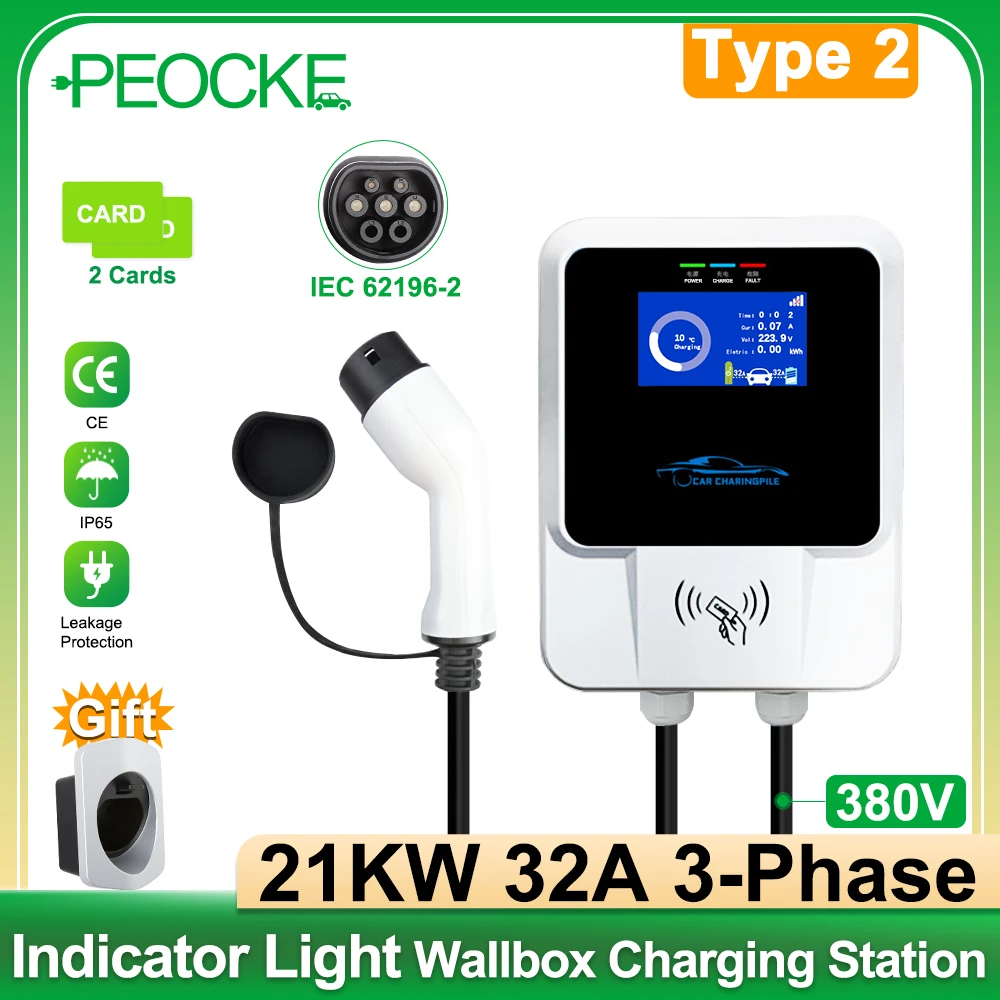 

PEOCKE EV Charging Station Type 2 Electric Vehicle Cable Car Charger 7 11 22 KW APP Control 16 32 A Load EVSE Wallbox IEC62196-2