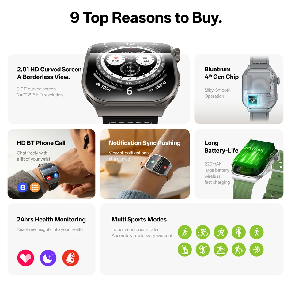 2026 New 2.01" HD Curved Screen Smart Watch Bluetooth Call for Men Sports Watch Health Monitor Smart Watch for Android iOS 3