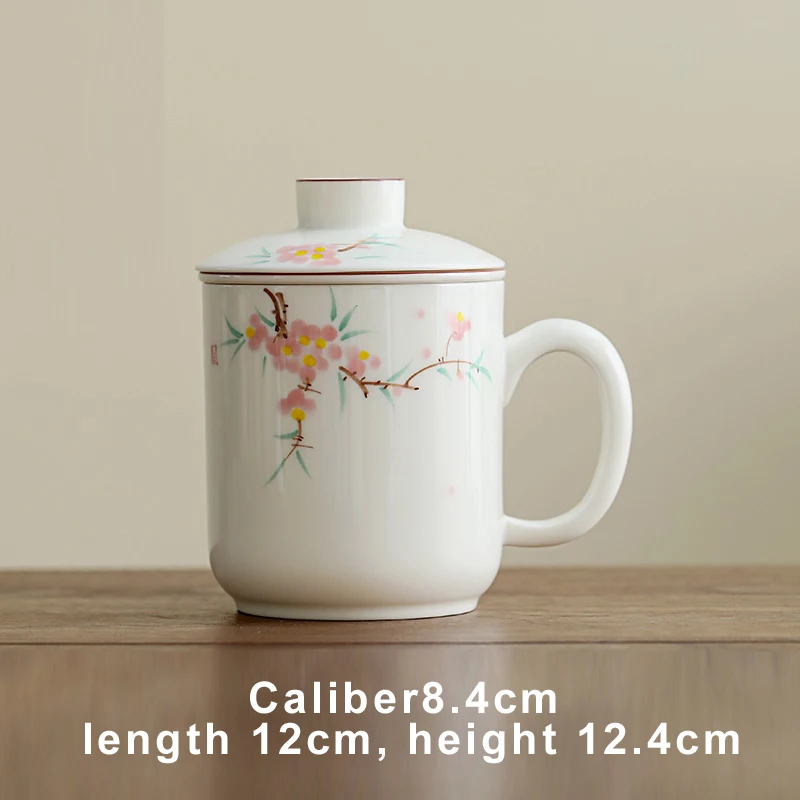 Chinese Style Ceramic Peach blossom pattern Mugs, Personal Office Creative Teacup With Cover, Filtered Tea Water Separation, 1Pc