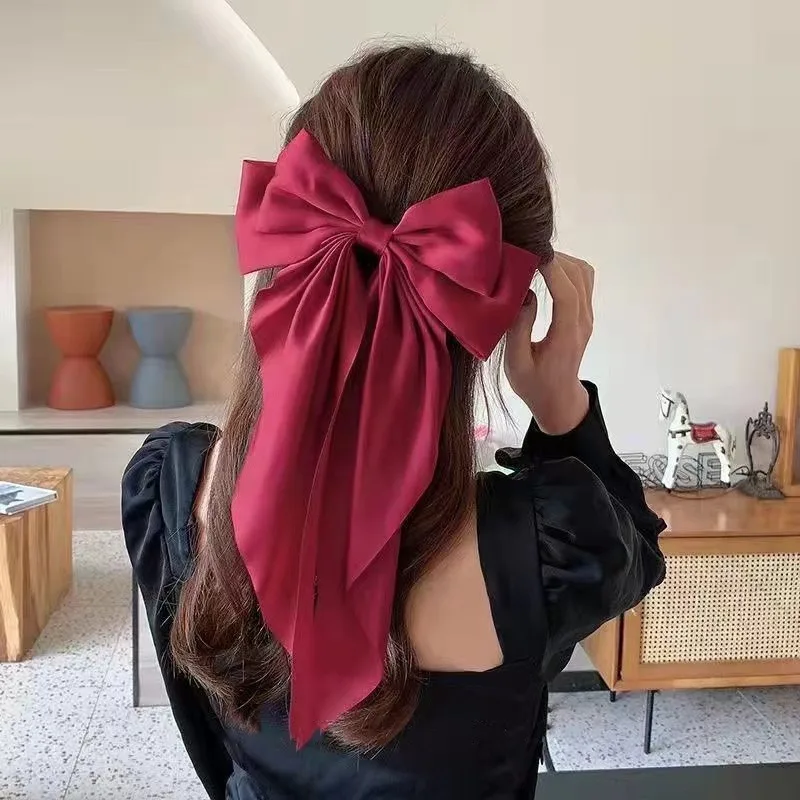 Fashionable Solid Color Ribbon Bow Hair Clip Women's Elegant Long Satin Large Bow Spring Clip Girls' Hair Accessory Top Clips