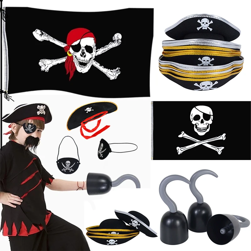 Accesorios disfraz de capitán pirata para Halloween, sombrero de pirata, Parche de ojo con gancho para la mano, decoración de fiesta de cumpleaños para niños| -