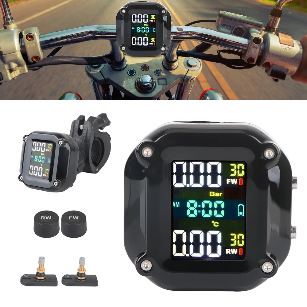 Motocicleta Tire Pressure Monitoring System, moto Acessórios, Precise Display colorido, TPMS, 2 sensores, 0-6.6Bar