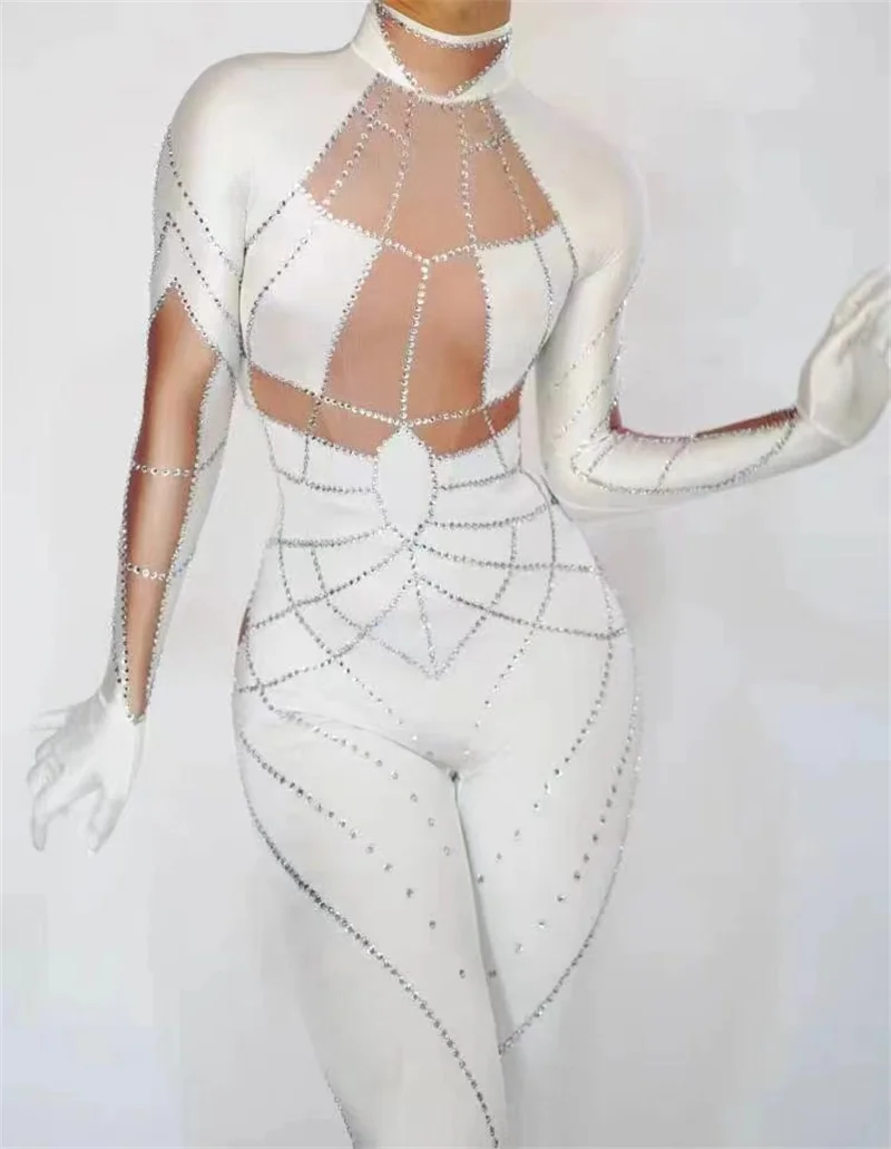 

White Jumpsuit Party dresses for women drag costume sexy festival show costumes dress with stones Birthday Special Ocassion