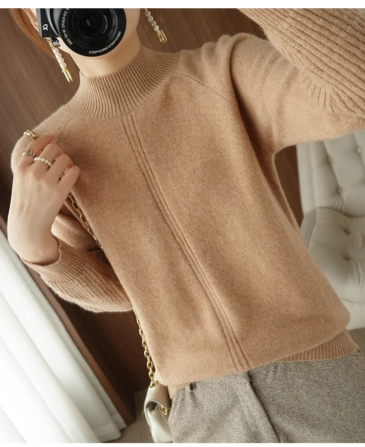 brown sweater Autumn Winter Thick Women Cashmere Wool Knitted Ribbed Pullover Sweater Long Sleeve Mockneck Slim Soft Warm Femme woolen sweater