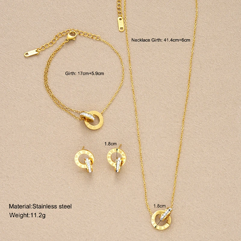 Jewelry Sets Gold Color Stainless Steel Crystal Necklace Bracelet Earrings Women Interlocking Circles Roman Numbers 4Pcs/Set