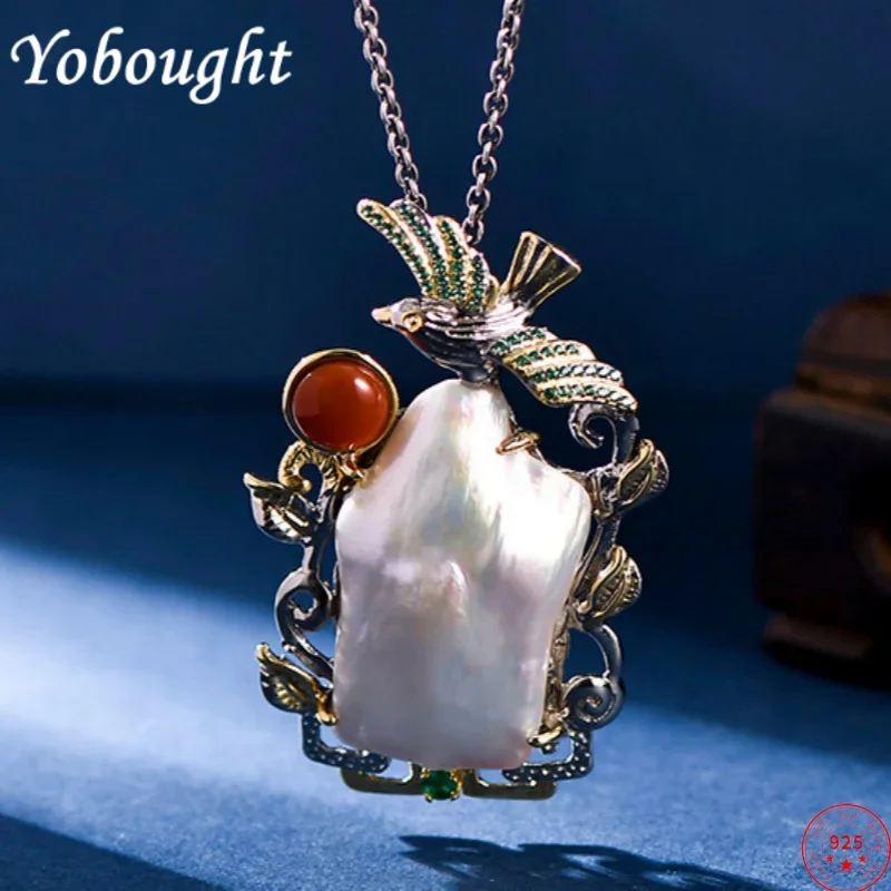 

S925 Sterling Silver Pendants For Women New Fashion 3D Magpie Inlaid Irregular Baroque Pearl Zircon Punk Jewelry Free Shipping