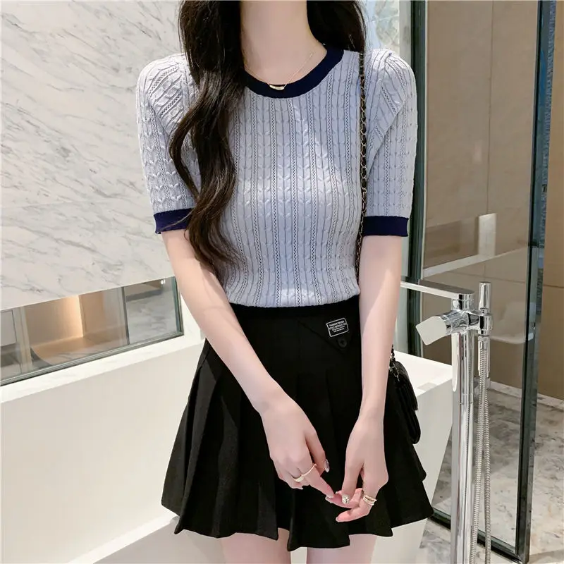 2024 New Summer Office Lady Loose Casual Elegant Fashion T-shirts for Women Solid Splicing Knitting O Neck Short Sleeve Y2K Tops