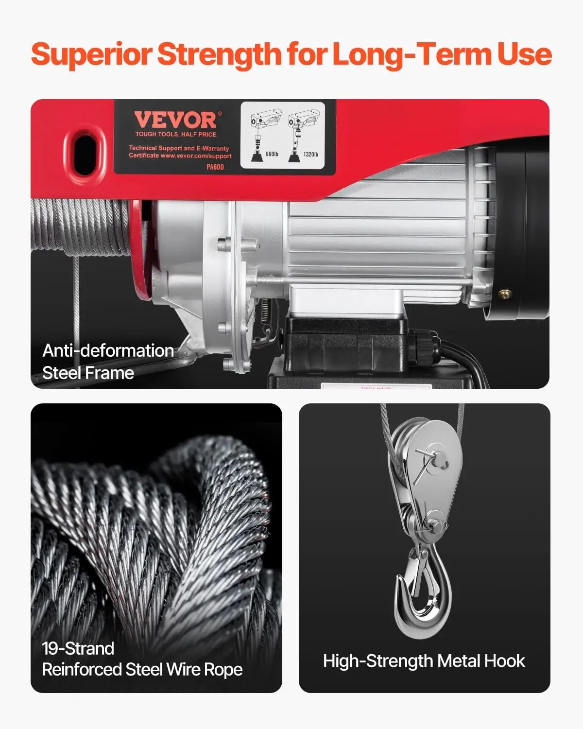 Electric Hoist, 1320 lbs 120V Electric Winch with 328 ft Wireless & 14 ft Wired Remote Control 40 ft Single Cable Lifting Height