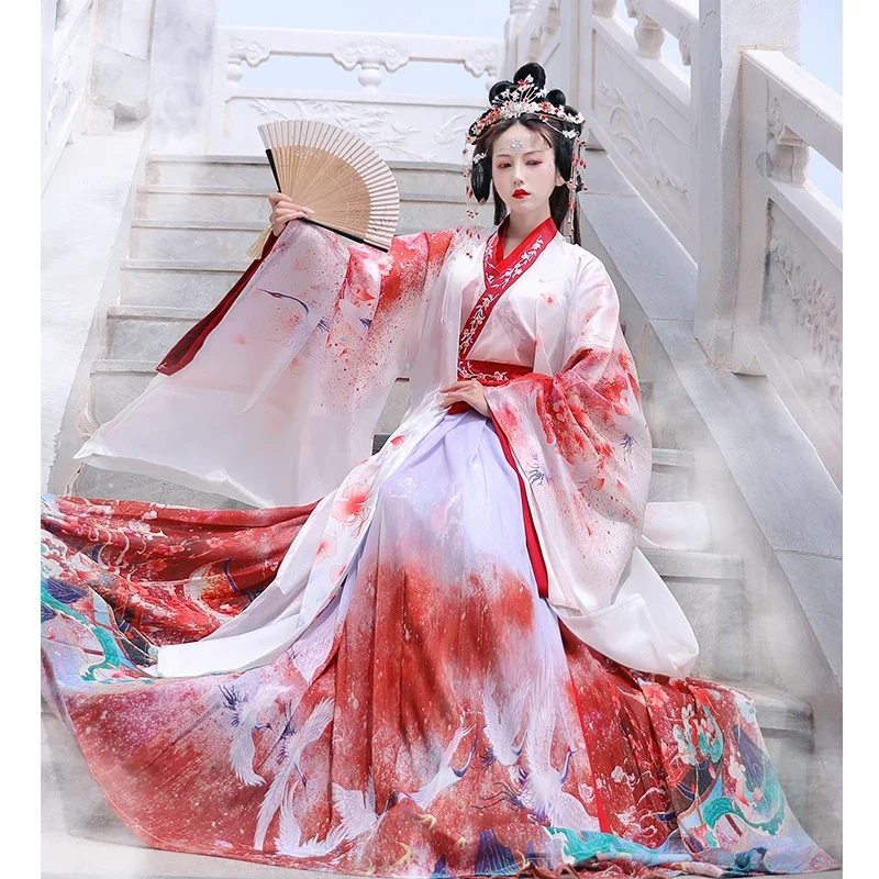

Chinese Style Hanfu Red Purple White Cosplay Costumes Dresses For Woman Stage Wear Folk Dance Robe Cross-Ccollar Graduation