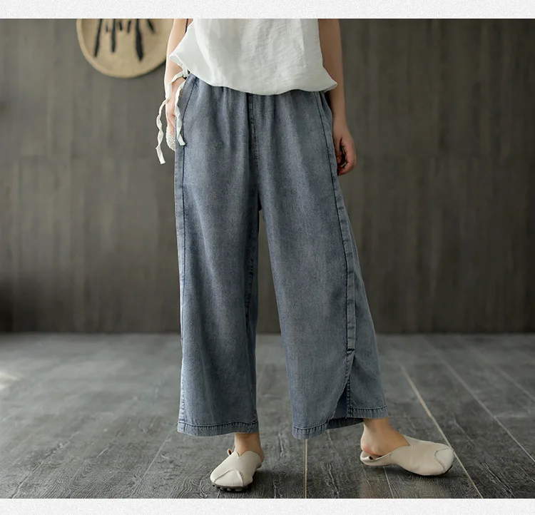 cargo pants for women 2022 Spring Summer New Arts Style Women Elastic Waist Loose Tencel Denim Wide Leg Pants Split Design Vintage Jeans RV708 cigarette pants