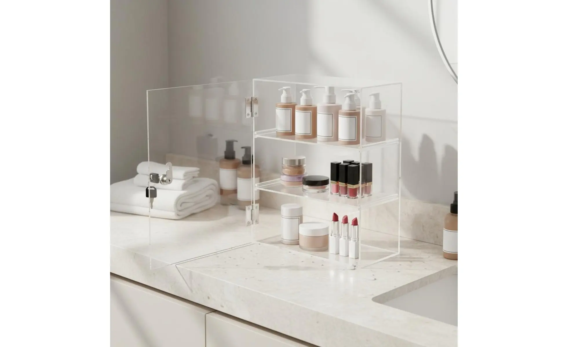 Locking Acrylic Display Case Lockable Clear Display Case 3 Tier Clear Storage Cabinet Removable Shelves for Display Locking Acrylic Display Case Lockable Clear Display Case 3 Tier Clear Storage Cabinet Removable Shelves for Display