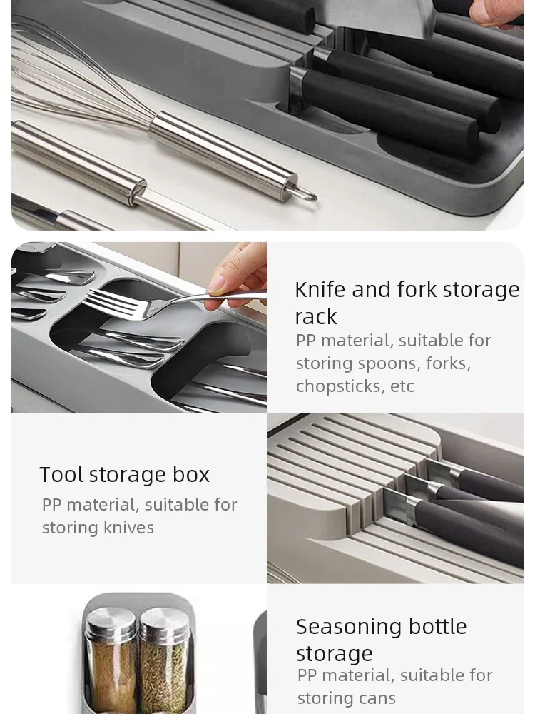 Description Picture 6 of itemMultipurpose Cutlery Silverware Kitchen Utensil Drawers Organizer Block Holder Knives Forks Spoon Spice Bottle Storage Rack Tray