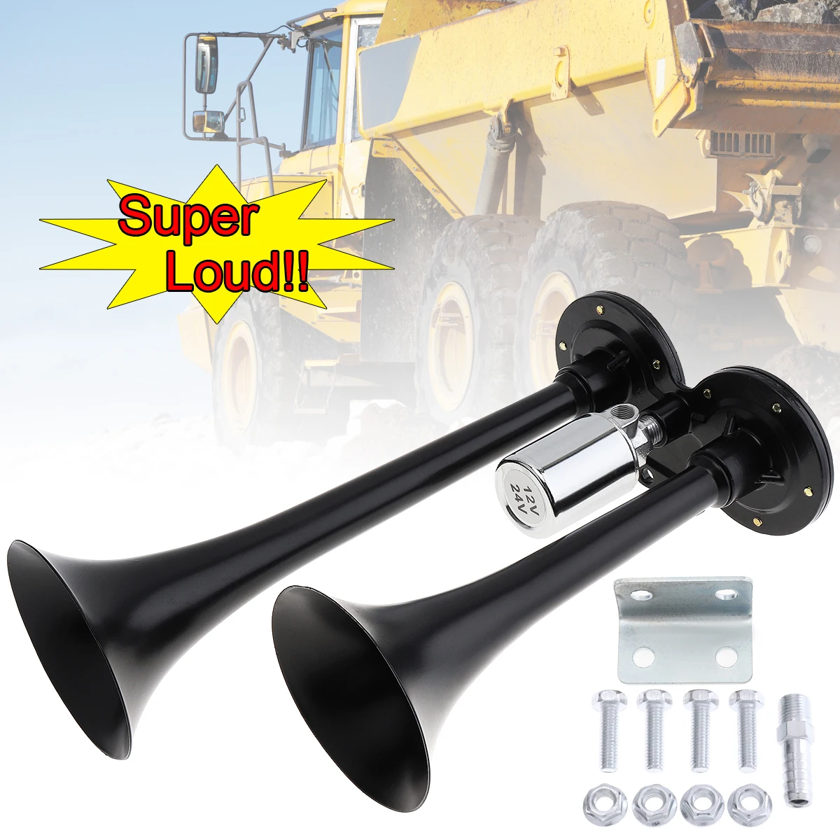 

12V 178dB Super Loud Black Dual Trumpet Electronically Controlled Car Air Horn for Trucks Cars Boats Motorcycles Vehicles