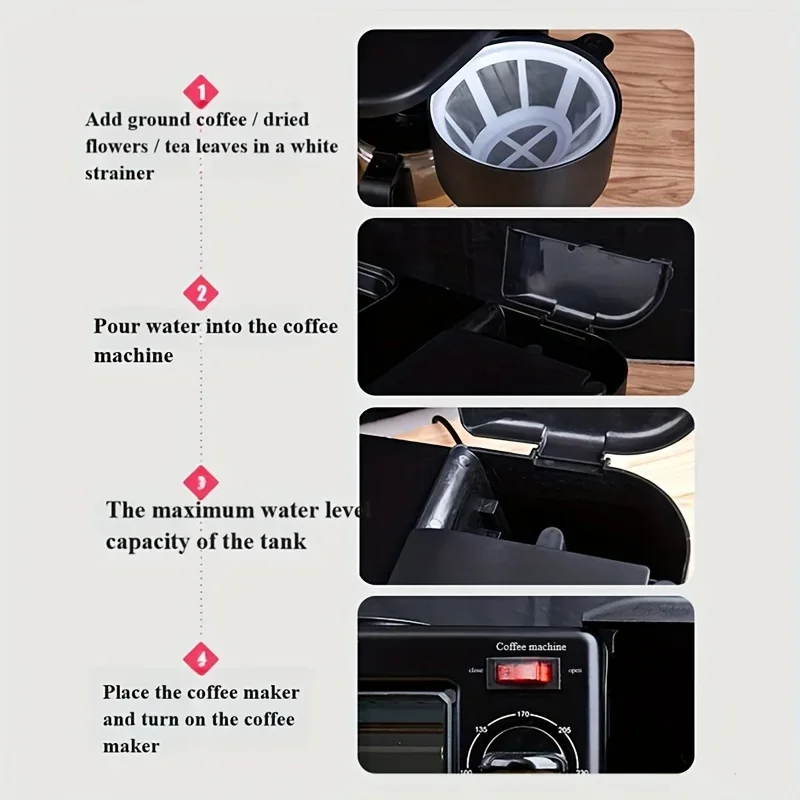 3-in-1 Breakfast Maker Home Mini Electric Oven Bread Maker,600ml Drip Coffee Machine,Non Stick Pan Fry Pan,Can Fry Grill Steak 6