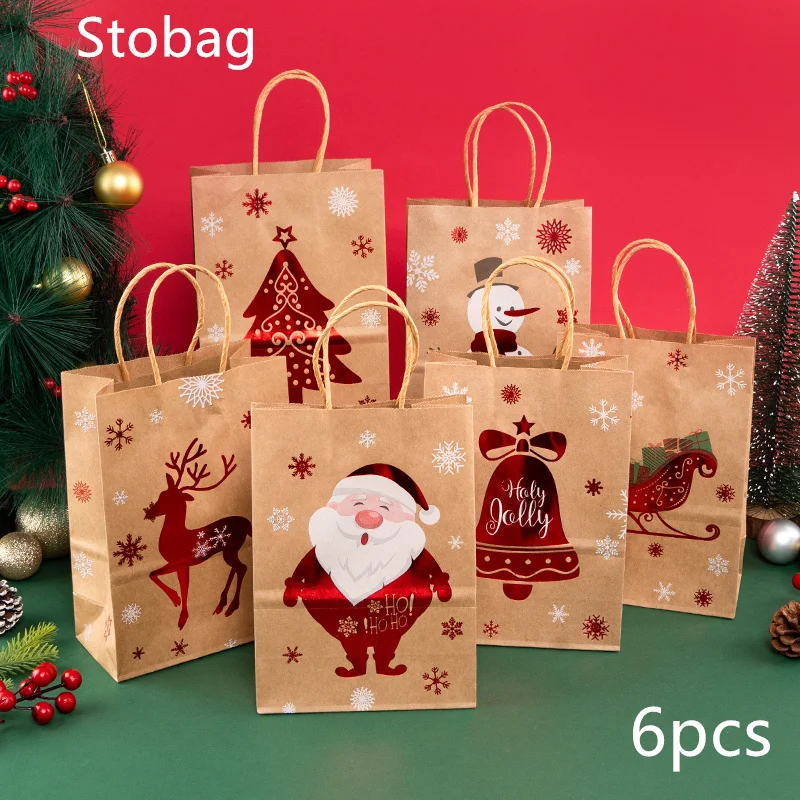 

StoBag Gift Bag for Kids Merry Christmas Tote Single Side Hot Brown Paper Candy Baking Biscuit Cookies Snack Package Food Party