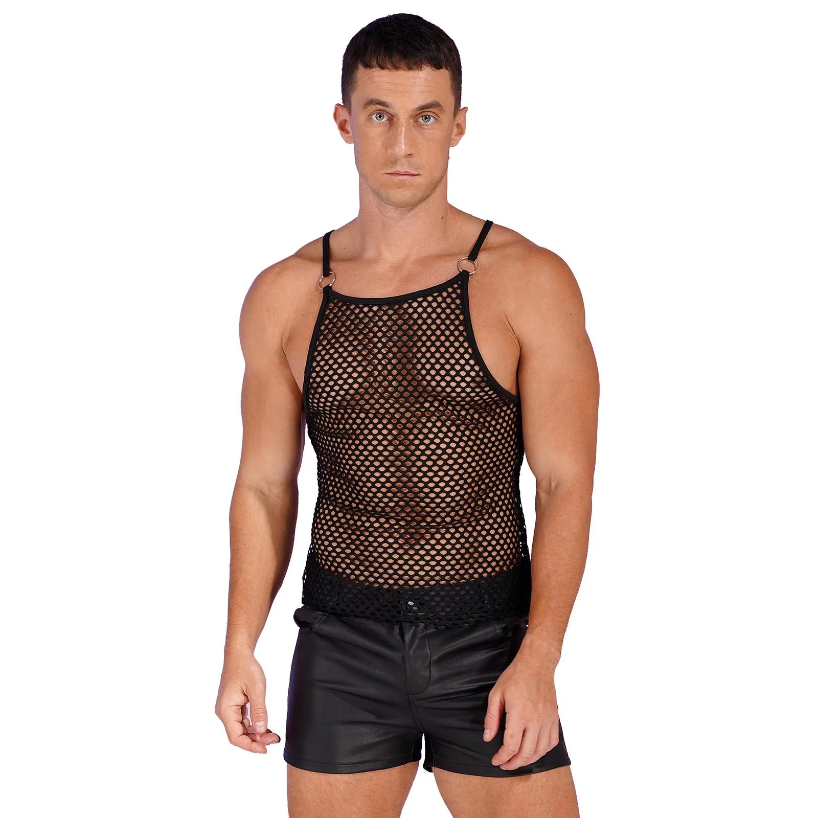 

Mens Hollow Out Sheer Muscle Tops Tank Shirt Fishnet Tank Top Fashion Spaghetti Straps Vest See-Through Sleeveless Tank Clubwear