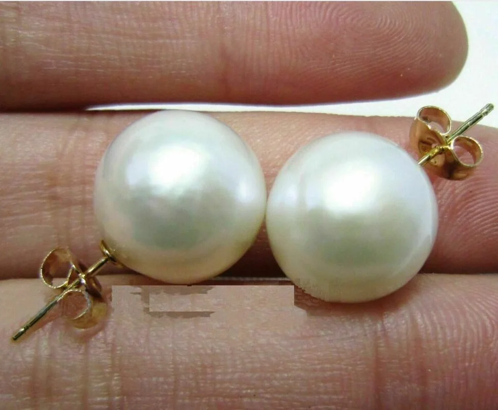 

New Huge 11-12mm South China Sea White Pearl Earrings in 14K Gold-