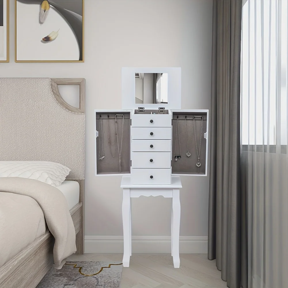 

1pc Standing Jewelry Armoire With Mirror, With 5 Drawers, Jewelry Cabinet Chest, 2 Side Swing Doors, Large Capacity Storage Cabi
