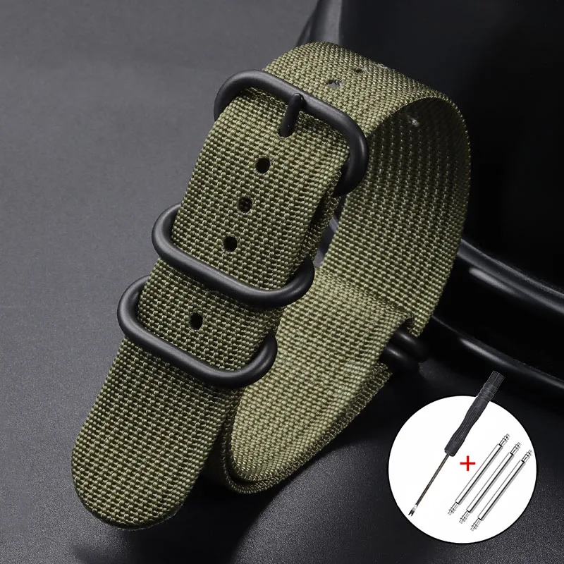Ribbed Nylon Watch Strap with Black Buckle - Military Style Bracelet
