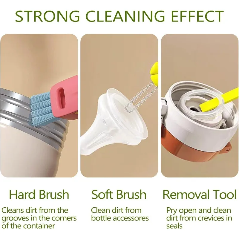 3 in 1 Cute Cup Lid Cleaner Brush Set Mini Cup Bottle Cleaning Brush Kitchen Washing Tool Mini Cleaner for Travel and Home