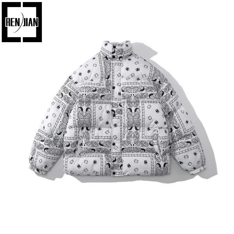 

Mens Fashion Bandanna Parkas Winter Warm Paisley Overcoat Hi Street Hip Hop Puffer Down Jacket Outerwear Cotton Padded Thermal