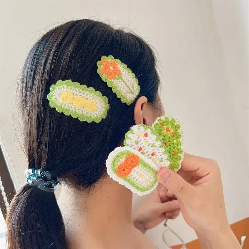 5pcs/set Children Sweet Floral Girls Hair Clip Kniitted Plush Hair Pin Korean Fashion Flower Cherry Barrettes Lovely Headwear