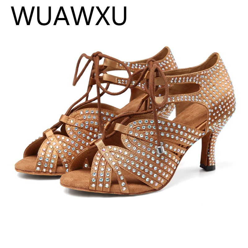 NATASHA Women's Party Dance Shoes Satin Shining Rhinestone Soft Sole Latin Dance Shoes Women's Sasha Dance Shoes Heels 5CM-9cm