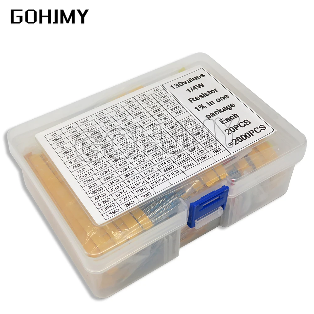Metal Film Resistors Assorted Pack Kit Set 2600PCS/LOT 130 Values 0.25W 1/4W 1% metal film resistor metal film resistors