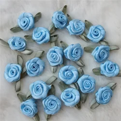 Set of 100 Mini Handmade Satin Ribbon Rose Appliques for Wedding Décor and Crafts (Blue)