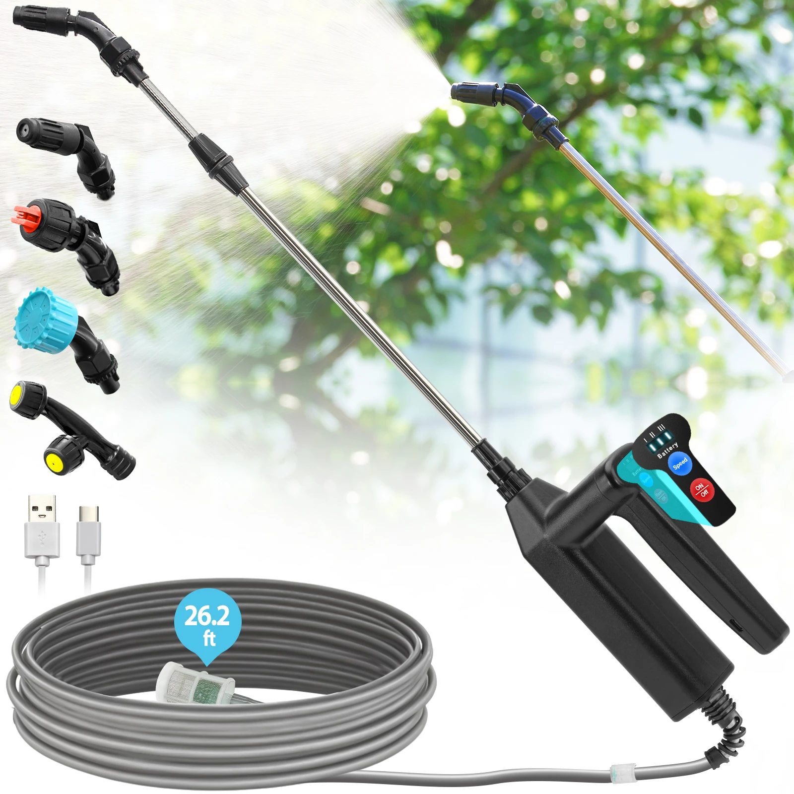 8M Battery Powered Sprayer Wand 7.4V Rechargeable Water Sprayer Wand with 4 Adjustable Nozzles & Filter 1