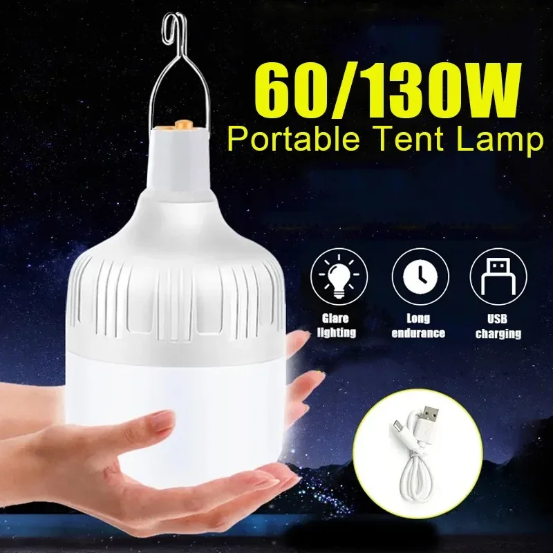 60/130W Portable Tent Lamp Hook USB Rechargeable Battery Lantern BBQ Camping Light Outdoor Camping Bulb LED Emergency Light