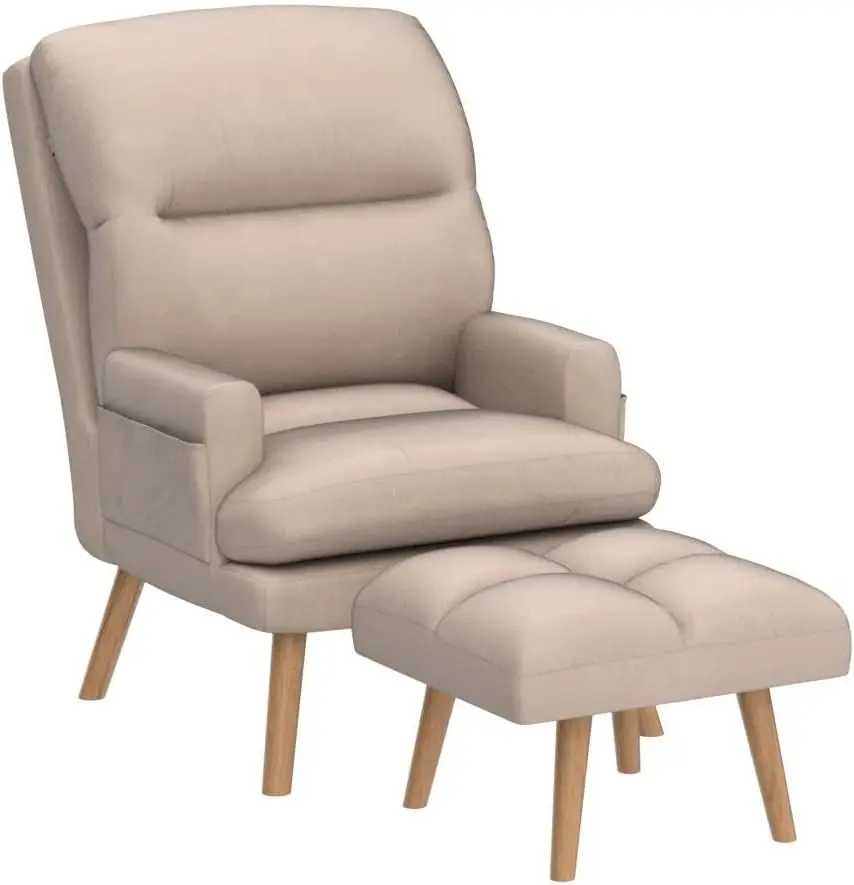 Accent Chairs with Ottoman,Velvet Fabric Armchair with Ottoman for Bedroom Living Room, Mid Century Modern Chair with Adjustable