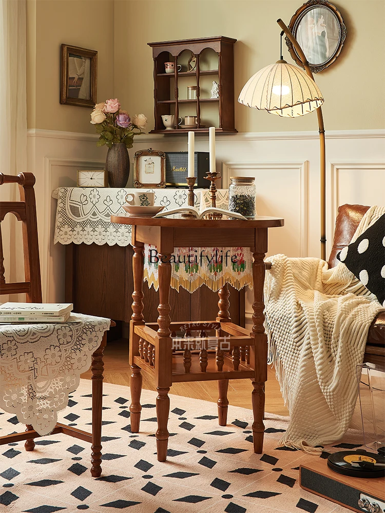 

French Retro Solid Wood Side Table Advanced Artistic Sofa Side Cabinet Creative Bedside Table