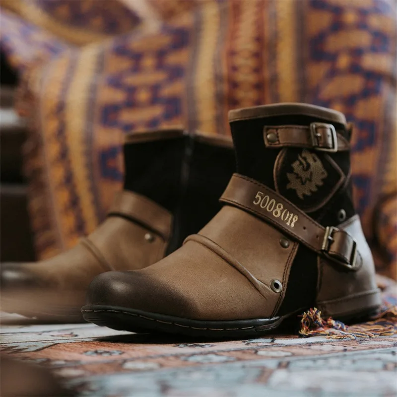 Fashion Men's Shoes Boots Warm Leather Vintage Motorcycle Male Boots Riding Retro Metal Style Zippers Men's Shoes motorcycle shoes motorcycle boots