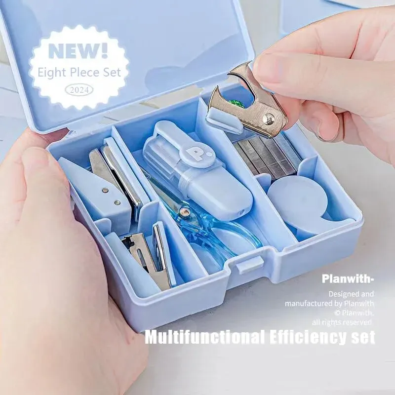 Hand Stapler 1 Box of Planwith Multifunctional Efficiency Eet Tool Box 8-Piece Punching Machine Stapler Scissor Tape Machine Hand Ledger