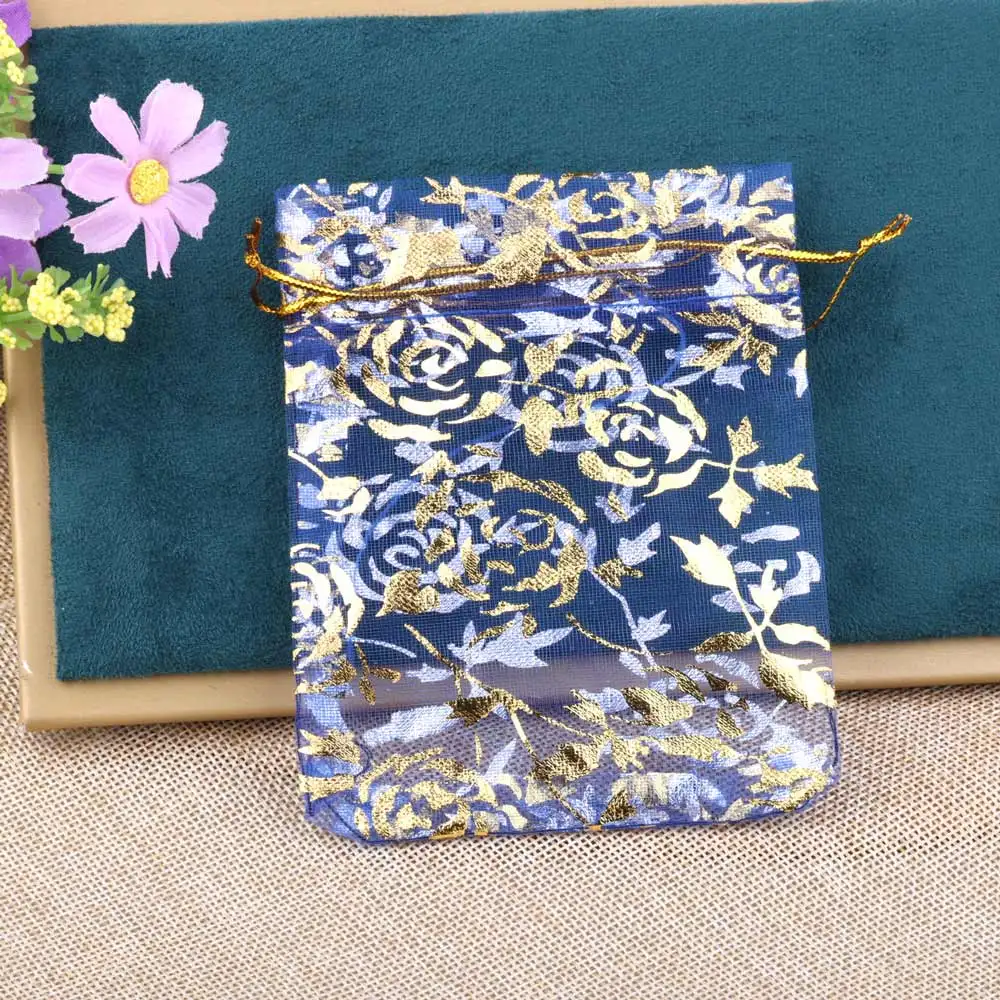 50pcs/lot Organza Drawstring Bag Colorful Hot Gold Color Rose Print Gifts Pouches Wedding Christmas Party Candy Jewelry Packing