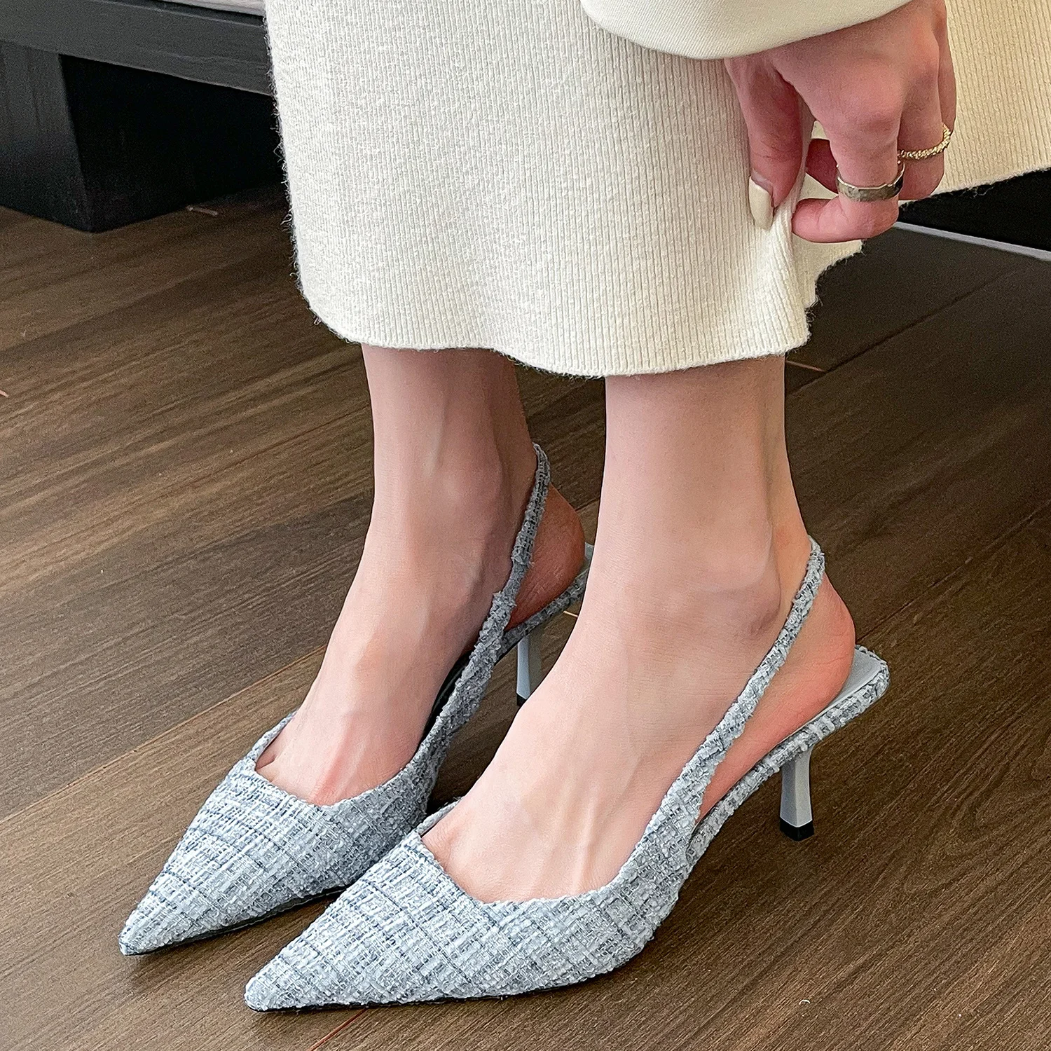 

Summer 2023 Blue Footwear Thin Heels Ladies Shoes Stiletto Sandals for Women Pointed Toe Closed New Breathable Fashion Trend H F