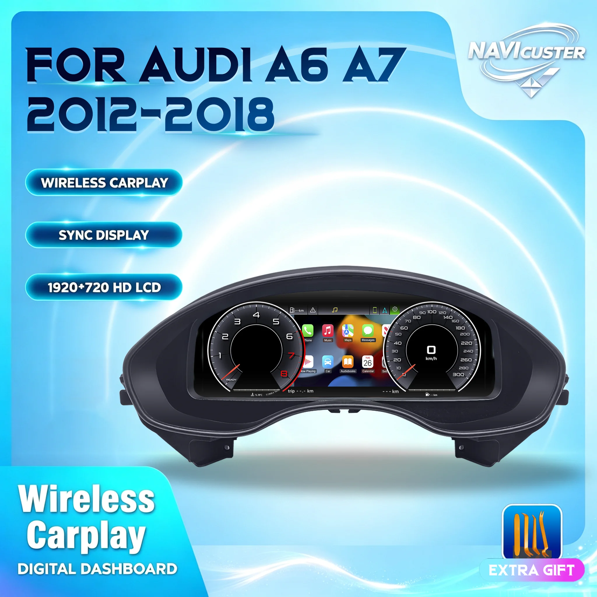 Panel de instrumentos Navicluster de 12.3'' pulgadas para Audi A6 A7 C7 años 2012-2018, panel digital compatible con Carplay, HDMI, pantalla LCD, velocímetro, cabina virtual. 1