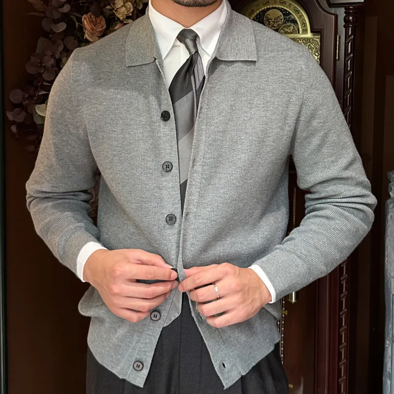 2023 High Quality Sweater Cardigan Men Knitting Pocket Sweaters Fall Solid Color Top Slim Bottomed Lapel Men Winter Warm Coat