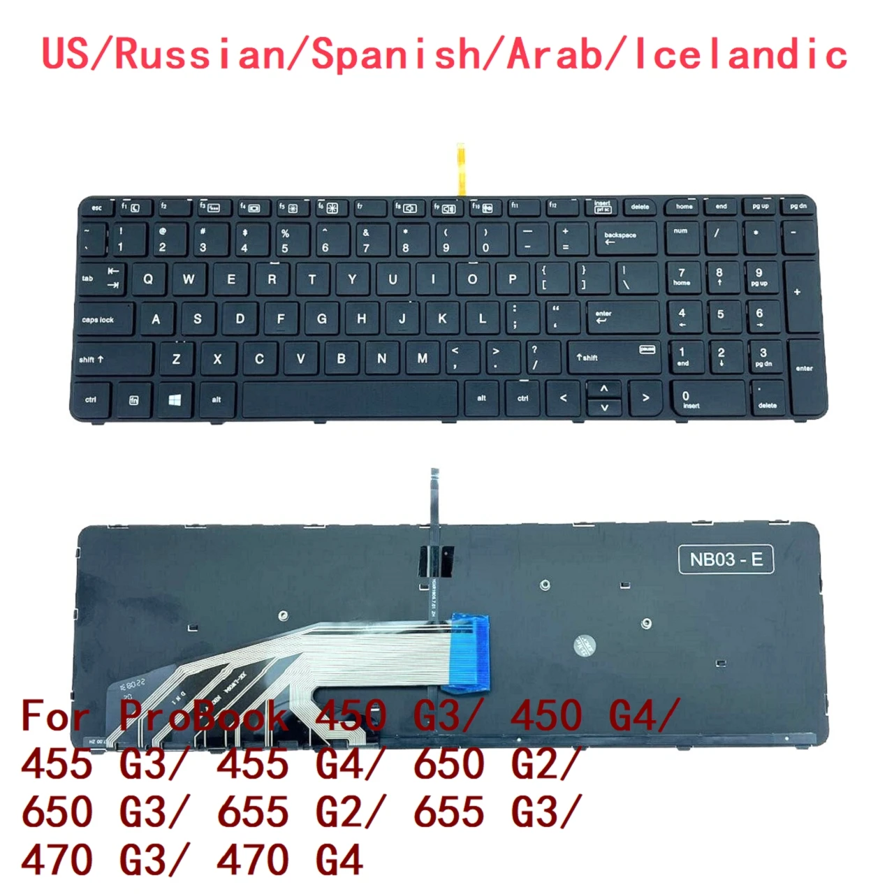 US RU SP AR IS Backlit Keyboard For HP ProBook 450 G3/ 450 G4/ 455